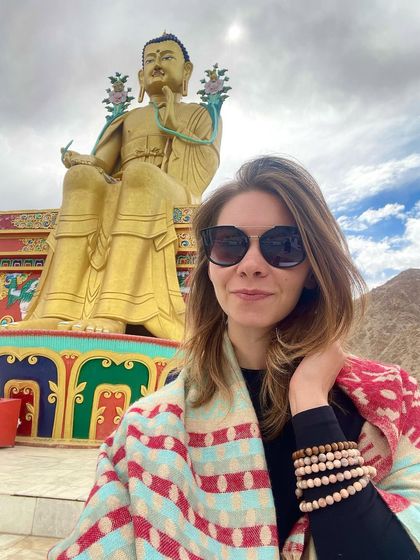 In Ladakh, in front of a statue of Buddha. A few years ago, events in my life forced me to question everything. This led me to Buddhist philosophy, which offered practical tools for working with my mind and understanding the nature of happiness.