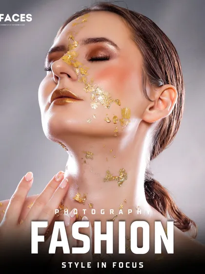 An ethereal shot with the model's eyes closed, focusing on the delicate application of gold foil. This image has a dreamy, artistic quality perfect for a beauty editorial.