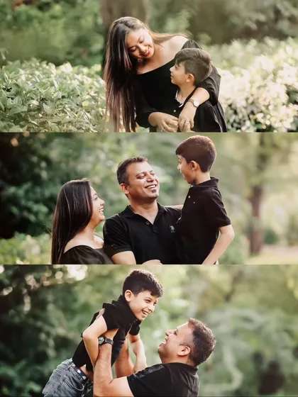 A collage showing different interactions within the same family: a mother and son moment, parents laughing with their son, and a father playfully lifting him up.