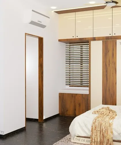 This render shows the full layout of the parents' bedroom, including the wardrobe with integrated window seat. It demonstrates how I plan for both storage and comfort in a single, cohesive design.