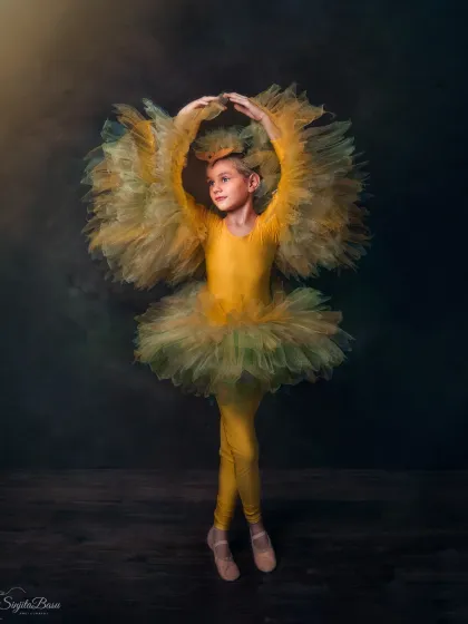 A portrait of a young ballerina, captured with a painterly touch. The dramatic lighting highlights the texture and color of her tutu, turning her graceful pose into a work of art. This is for any performer who wants to immortalize their passion.