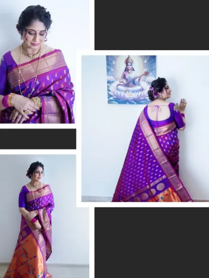 This collage highlights a stunning purple and orange Paithani. We used a simple white wall and a painting to create an elegant, gallery-like feel for this indoor brand shoot.