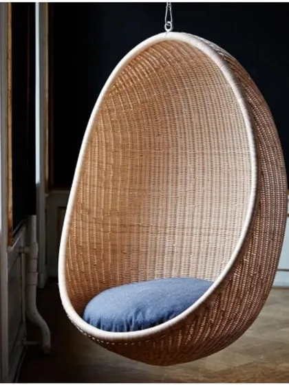 This is one of my most popular items, a custom-made hanging egg chair. It is meticulously woven from high-quality wicker to create a strong yet elegant cocoon seat, perfect for a relaxing corner in your home or on a covered balcony.
