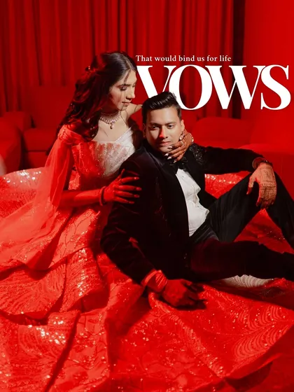 A stylized portrait with a "Vows" graphic overlay. The rich red tones and the couple's luxurious outfits create a powerful image that speaks of commitment and passion.