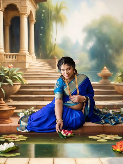 A serene portrait of a mom-to-be in a royal blue saree, sitting by a painted lotus pond, capturing a moment of quiet reflection.