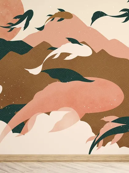 This abstract Japanese-inspired mural features stylized fish, mountains, and waves in a calming, earthy color palette. It's a beautiful example of modern, minimalist art.