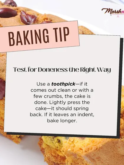 Here's how to test for doneness the right way. Use a toothpick, and if it comes out with a few moist crumbs, your cake is ready. It should also spring back when you press it lightly.