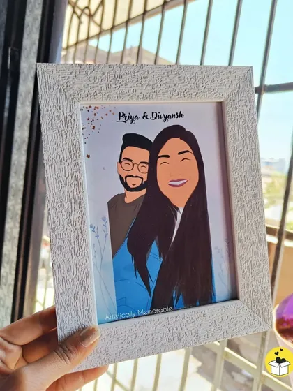 This textured white frame holds a custom faceless portrait of a smiling couple. The natural light from the window highlights the frame's unique finish and the artwork's cheerful vibe.