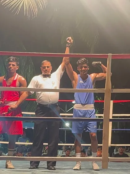 Vivek Pihal's hand is raised in victory at the Swatantryaveer Savarkar Jayanti tournament. A clear win that showcases his dominance in the ring.