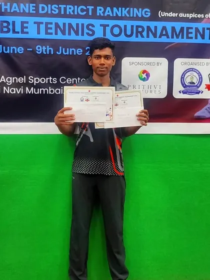 Shivam Vidhate with his certificates for finishing as the runner-up in the U-19 category and a semifinalist in the U-17 category at the district tournament.