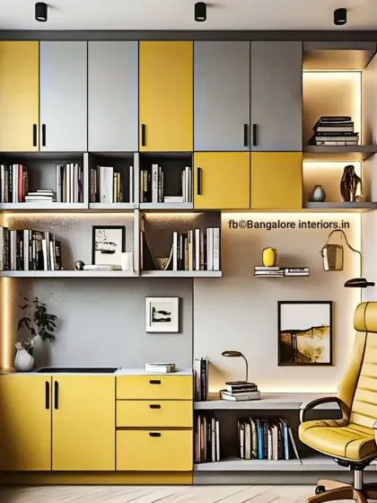 This is a complete home office and study solution I designed for maximum storage and functionality. It features a combination of open bookshelves, closed cabinets, drawers, and a spacious desk, all tied together with a modern grey and yellow color scheme and ambient lighting.