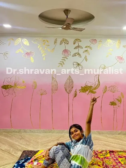 Designed this gold foil mural with a pink ombre background for two massively energetic sisters. The art reflects their vibrant personalities and adds a personalized touch to their space.