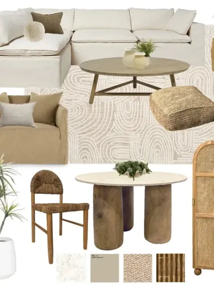 This mood board explores an earthy and elegant aesthetic, using a calming blend of neutral tones, natural textures like rattan and wood, and organic shapes.