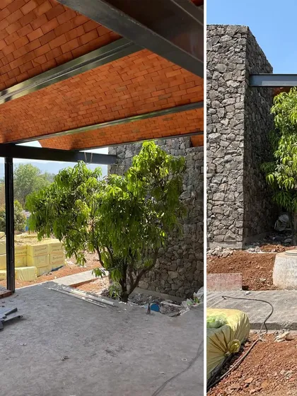 We design around nature, not against it. At the Karjat residence, a young tree is carefully preserved, growing through a space carved out from the building's footprint, becoming a living part of the architecture.