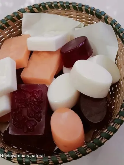 A basket showcasing the different shapes and colors of my natural soaps. They are all SLS and paraben-free, made with only the good stuff.