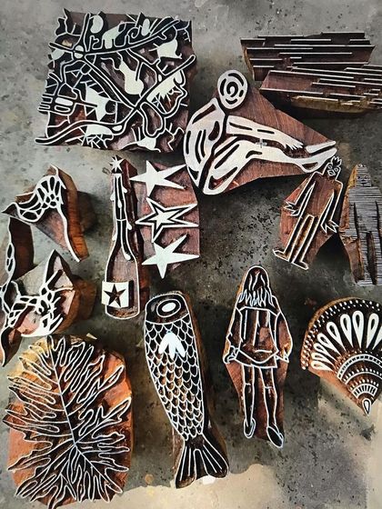 Our ongoing collaboration with the University of Technology Sydney allows fashion students to explore artisan woodblock printing. They design their own blocks, which we carve here in Bangalore for them to use in their projects in Sydney.