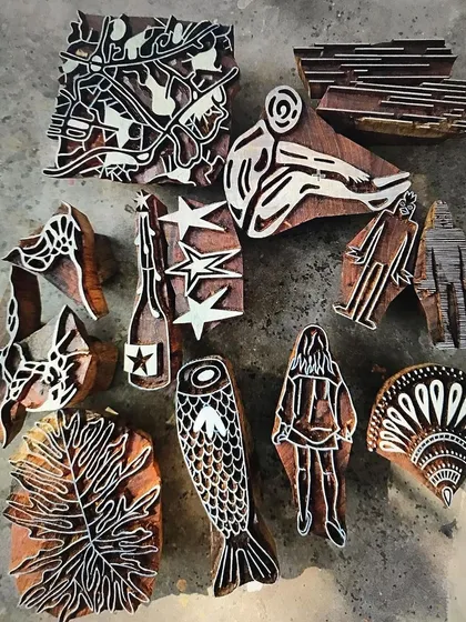 Our ongoing collaboration with the University of Technology Sydney allows fashion students to explore artisan woodblock printing. They design their own blocks, which we carve here in Bangalore for them to use in their projects in Sydney.