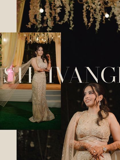 A collage of the bride, Shivangi, on her sangeet night. Her elegant golden gown and happy smiles are captured in various poses, showcasing her look for the evening.