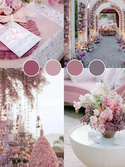 A dreamy pastel mood board showcasing a romantic theme with shades of pink, mauve, and lavender for a fairytale wedding.