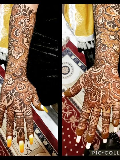 A collage showing a detailed floral and paisley design on a single hand, covering the arm up to the elbow. This is a great option for a bridal look.