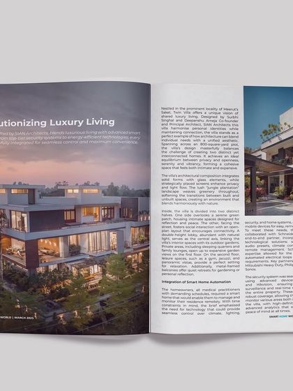 The cover story of the magazine, titled 'Revolutionizing Luxury Living,' with a stunning dusk shot of Twin Villa's exterior. It showcases the home as a case study in modern Indian residential architecture.