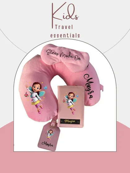A fairy themed travel set in pink for the little dreamer. This personalised set ensures your child travels in comfort and style.