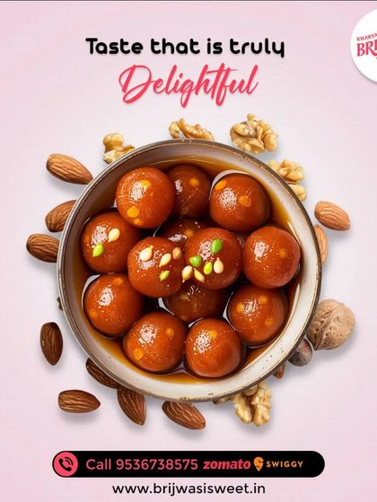 A truly delightful taste. This bowl of Gulab Jamun, garnished with nuts and surrounded by almonds and walnuts, showcases the quality of my ingredients.