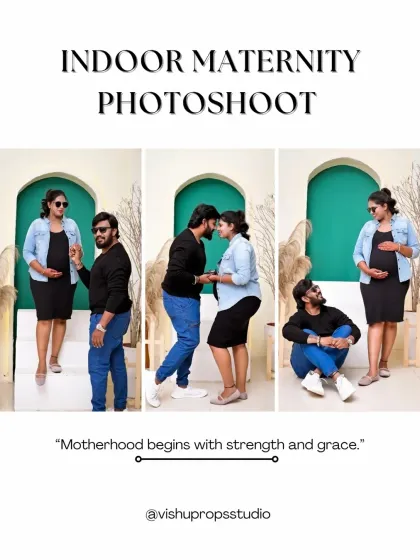 A promotional graphic for my indoor maternity photoshoots. It features a trio of images from a modern, casual session, highlighting the fun and stylish interactions between the couple.
