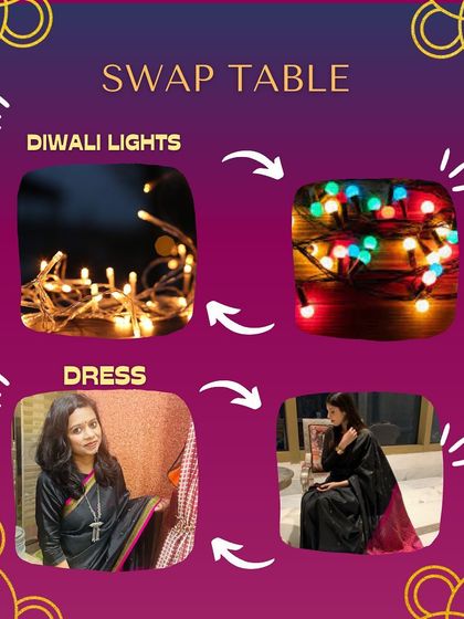 Examples of items you can find at our Diwali Swap table. Instead of buying new, you can swap everything from festive lights to dresses, reducing waste and consumption.