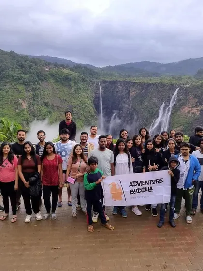 The whole gang at Jog Falls, one of India's most spectacular waterfalls. The scale of it is truly awe-inspiring.