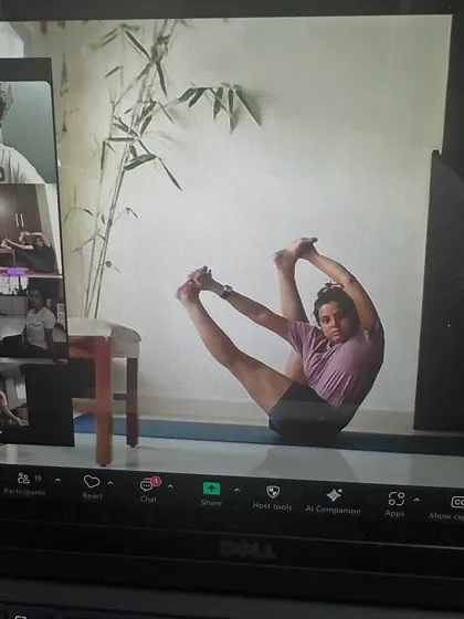 A screenshot from our 5 PM online class, focusing on hip opening variations. Even online, I can see your practice and offer guidance to help you get the most out of each pose.