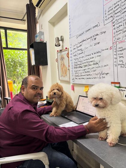 Our founder, Dev, takes a moment to smile with his furry office helpers, Archie and Columbus. We maintain a friendly, open environment where pets are part of our daily lives.