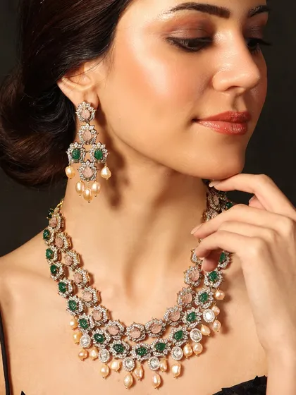 A different angle of the pastel layered set, showcasing the matching earrings and the beautiful interplay of colors and textures.