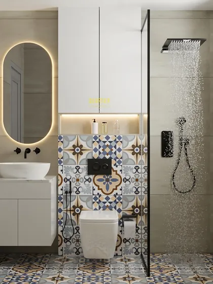 A 3D render of a bathroom with a Moroccan-inspired design. The design features intricate floral tiles on the floor and accent wall, combined with a modern wall-mounted WC and a sleek glass shower partition.