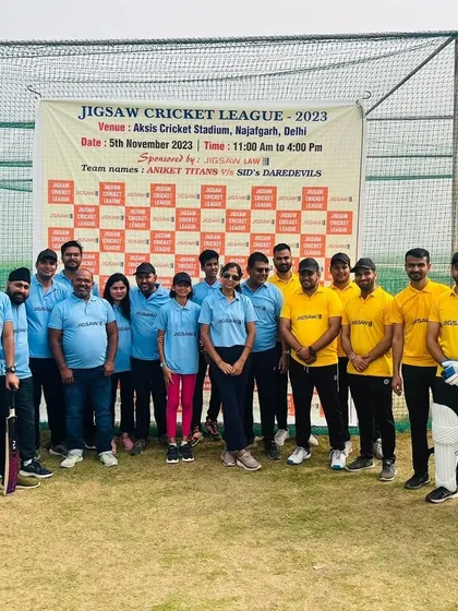 The two teams, Aniket Titans and Sid's Daredevils, at the Jigsaw Cricket League 2023. We believe in working hard and playing hard.