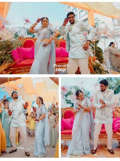 A collage of the couple's fun and energetic dance moves during their Haldi ceremony. Their coordinated outfits and joyful expressions say it all.