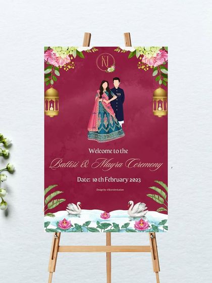 A rich and royal welcome sign for a Battisi and Mayra ceremony. The deep red background is adorned with floral illustrations, lanterns, and a graceful swan and lotus pond, framing a beautiful portrait of the couple.