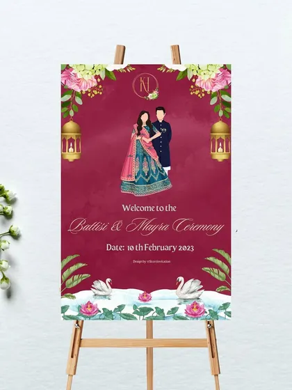This signage for a Battisi and Mayra ceremony uses a captivating deep red background. I incorporated elegant lotus and swan elements to create a design that feels both regal and deeply rooted in Indian tradition.