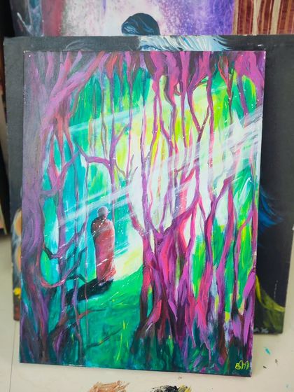 A vibrant painting of a solitary figure in a forest of purple trees. This piece is available for sale.