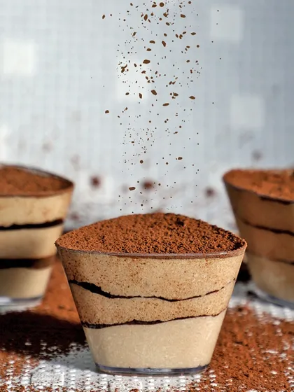 This is my Tiramisù Mousse, a treat that coffee lovers can't get enough of. It's light, creamy, and dusted with cocoa powder, making it a perfect single-serving dessert for parties or just for yourself.