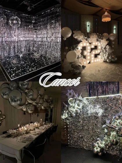 Zodiac decor aesthetics: Cancer. Sentimental, cozy, and chic. For Cancer, I imagine a shimmering silver theme with disco balls and soft lighting for an intimate and glamorous feel.