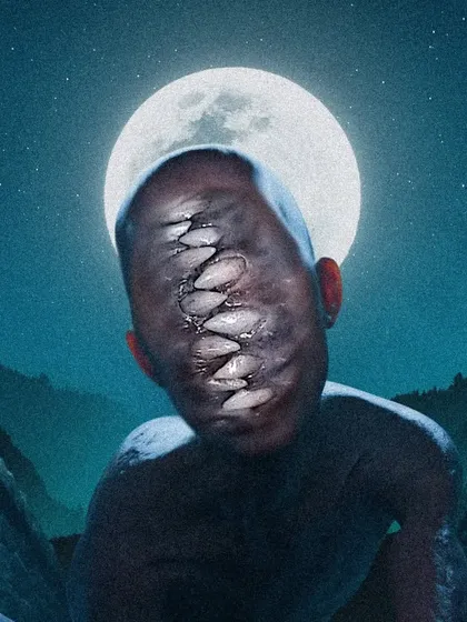 A tighter shot of the moon creature, giving a clearer look at the horrifying facial structure and sharp teeth. This perspective makes the monster feel more immediate and threatening.