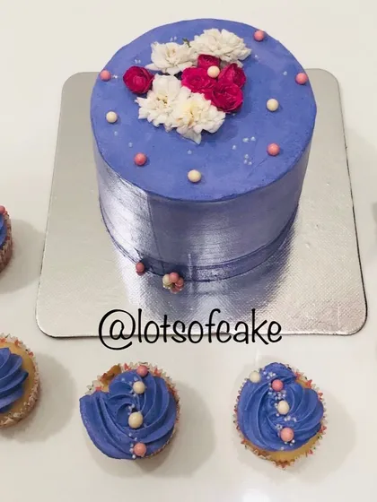 I can create a complete dessert spread for your party. Here is a lovely vanilla blueberry cake with a whipped cream frosting, accompanied by matching vanilla cupcakes for a perfectly coordinated celebration.
