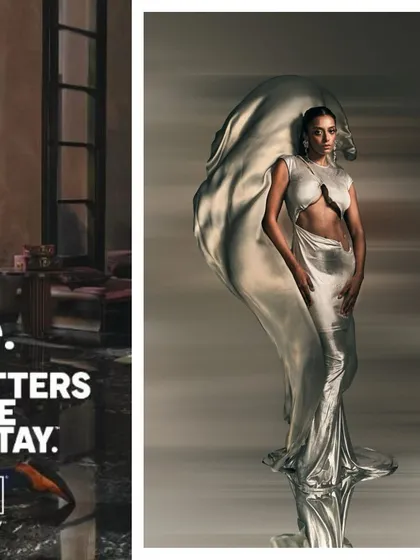 An editorial shoot titled 'Celestial Chic'. I used a flowing, metallic silver gown to create a liquid, sculptural effect around the model, resulting in a futuristic and ethereal fashion statement.