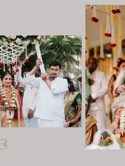 A collage showing the bride's grand entrance under a floral canopy. These shots capture the traditional and celebratory start to the wedding ceremony.