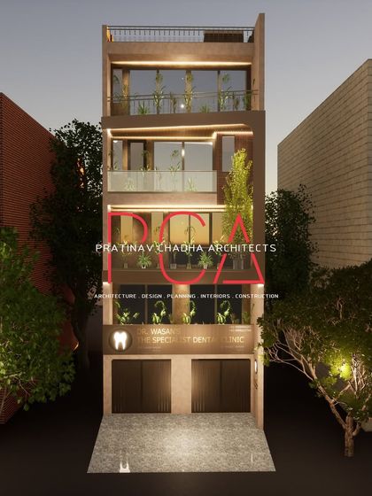 A dusk visualization of the Mukherjee Nagar residence. Creating renders for different times of day helps in planning the lighting design and understanding the building's ambient presence.