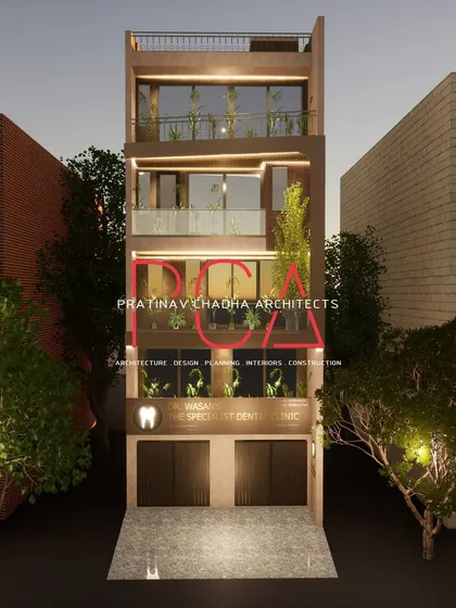 A dusk visualization of the Mukherjee Nagar residence. Creating renders for different times of day helps in planning the lighting design and understanding the building's ambient presence.