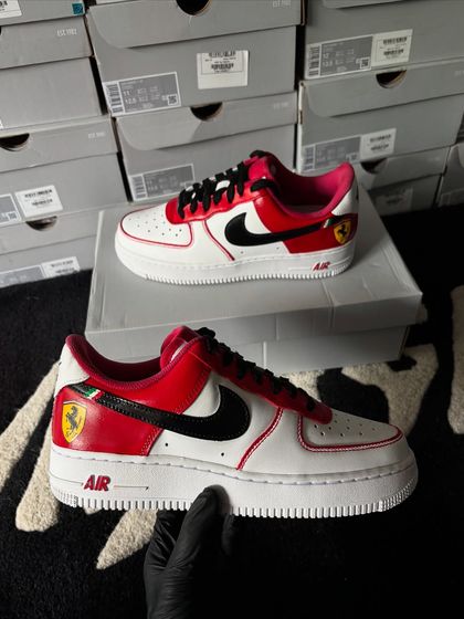 Another angle of the red and white Ferrari custom sneakers.
