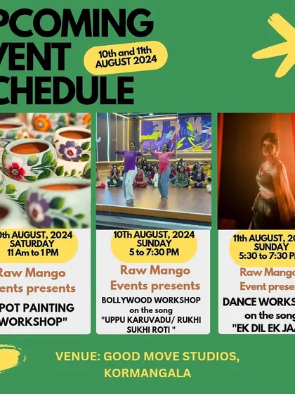 Another look at a typical weekend schedule with us. We love mixing it up with sessions like pot painting and different styles of Bollywood dance workshops.