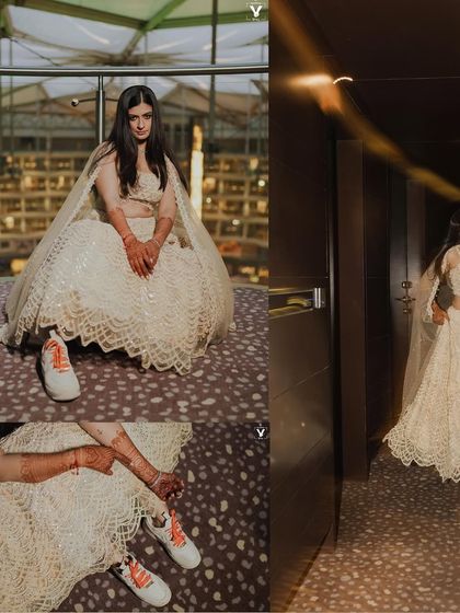 A modern bride getting ready for her sangeet, pairing her traditional lehenga with cool sneakers. This collage captures her unique style and the fun, relaxed vibe of the event.